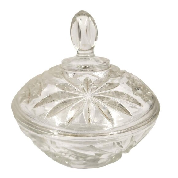 Anchor Hocking American Starburst Cut Glass Covered Candy Dish 1970's 5"x5" - Picture 1 of 6